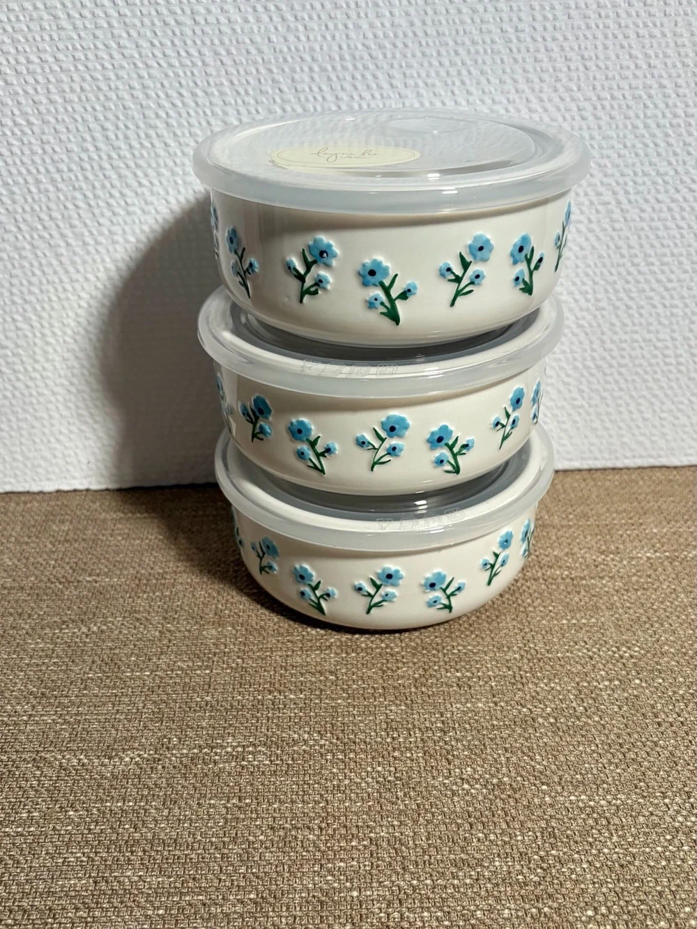 Ceramic Bowl with Venting Lid - Blue & Navy Floral Motif Textured Flower Design